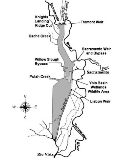 Map of Yolo Bypass. Fremont Weir on northern end of the floodplain.
