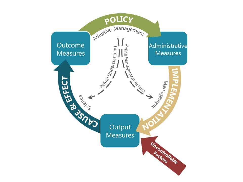 A circular diagram connecting administrative measures to output measures to outcome measures from policy decisions to management and implementation to cause and effects and back to policy based on adaptive management. 