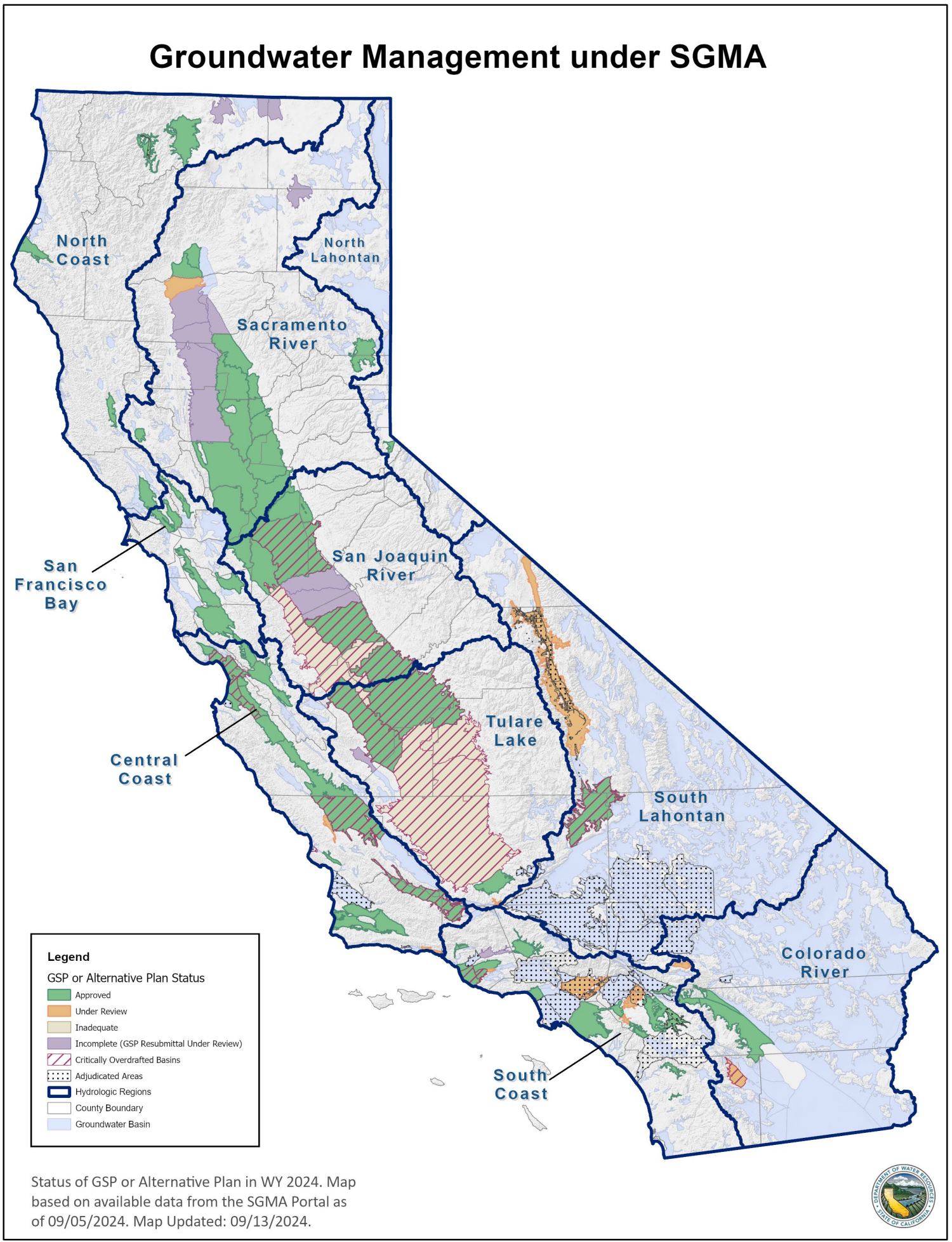 Map of California and the current status of reviewed GSPs as of September, 2024 as reported by the Fall 2024 Semi-Annual Update. For more information on GSP status please visit the GSP SGMA Portal (linked in the map above).