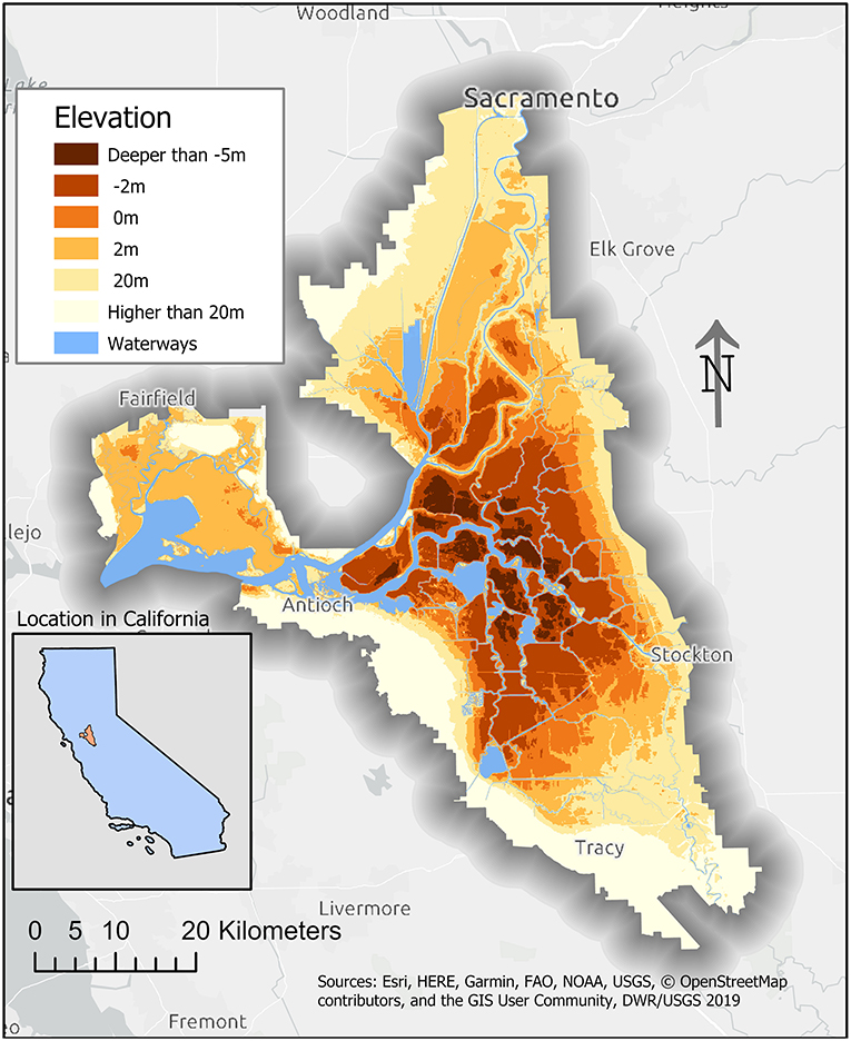 A map of elevations in the California Delta that shows significant portions of the Delta are below sea-level.