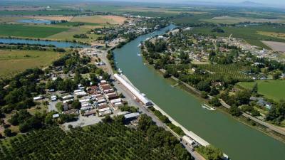 Aerial view of Locke and Walnut Grove on the Sacramento River